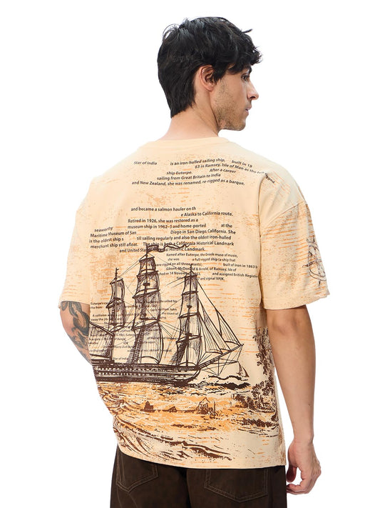 The Souled Store Lets Sail Oversized T-Shirt for Men Boys Cotton Casual Half Sleeves Baggy Loose Fit Drop Shoulder Round Neck B