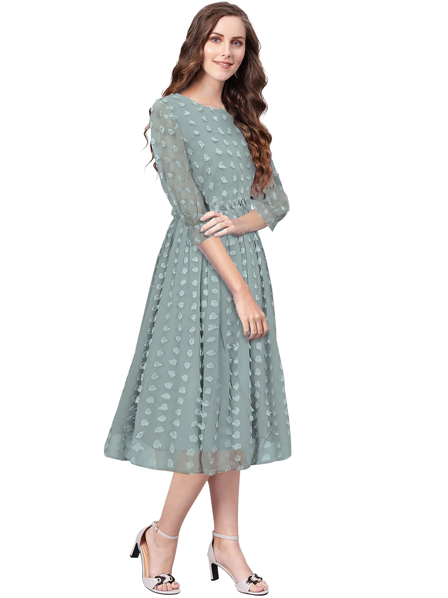 Toochki WomenS Sea Green Dobby Georgette Woven Fit & Flared Western Dress | Dress For Women | A Line Dress | Winter Dress | Wes