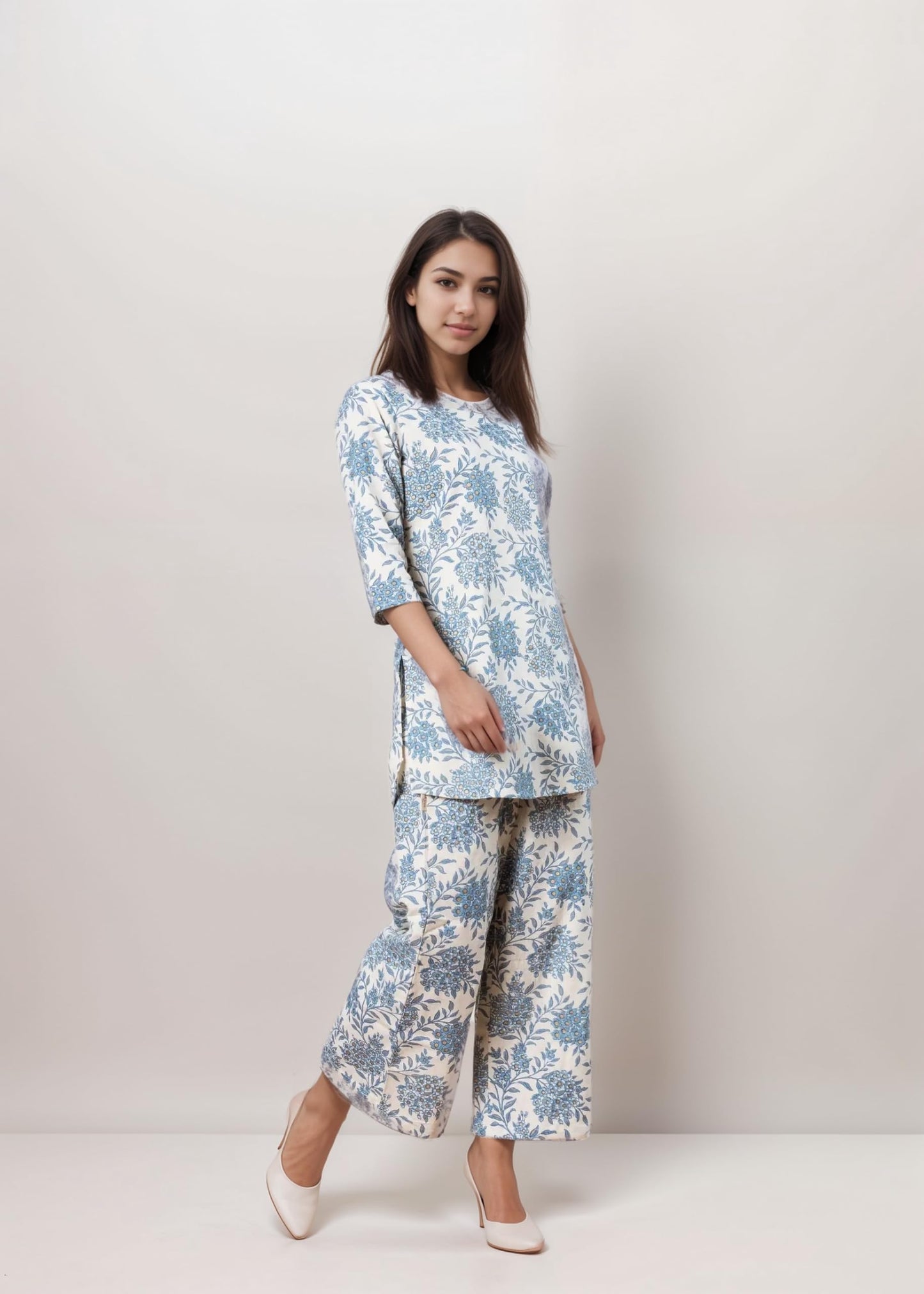 SMOWKLY Womens Printed Rayon Slub Mid Thighs Short Kurti With Relaxed Fit Pant Sylish Co-Ords Set || Trendy 3/4 Sleeve Kurta &