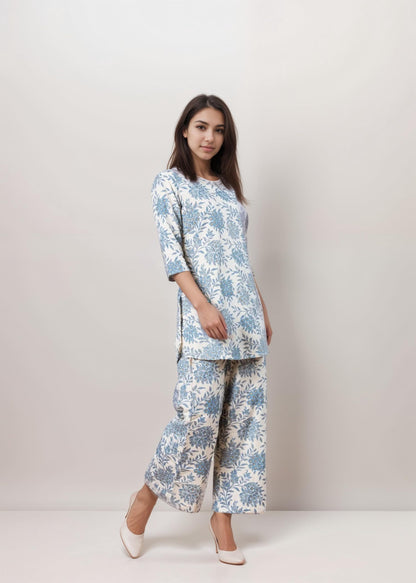 SMOWKLY Womens Printed Rayon Slub Mid Thighs Short Kurti With Relaxed Fit Pant Sylish Co-Ords Set || Trendy 3/4 Sleeve Kurta &