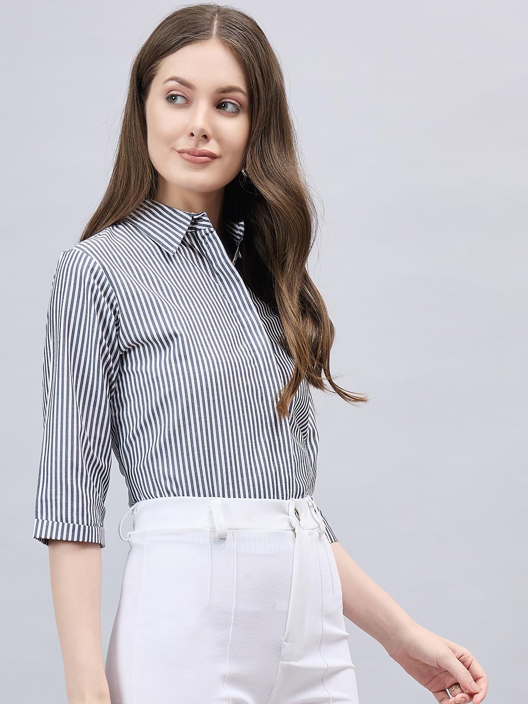 Style Quotient Women Black and White Stripe Polycotton Regular Fit Formal Shirt