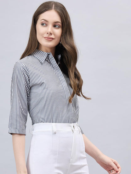 Style Quotient Women Black and White Stripe Polycotton Regular Fit Formal Shirt