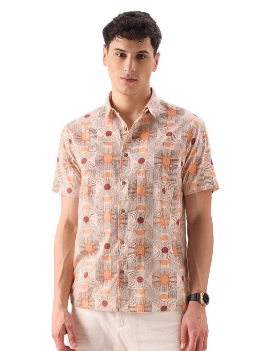 The Souled Store Celestial Men and Boys Short Sleeve Button Down Regular Fit Cotton Printed Shirts Orange