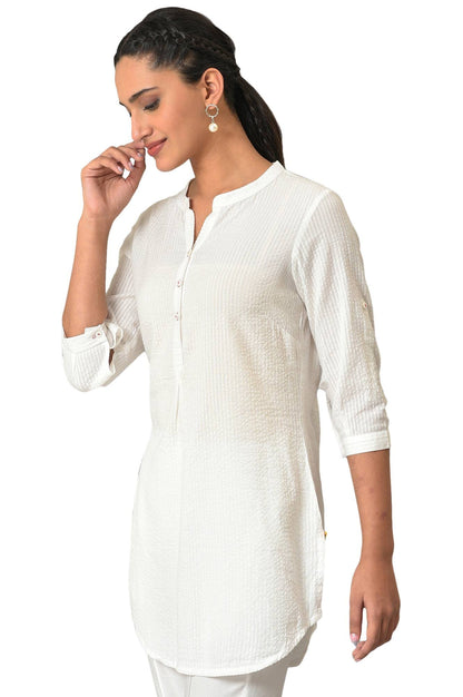 Aurelia White Textured Cotton Rayon Blend Regular Kurti For Women