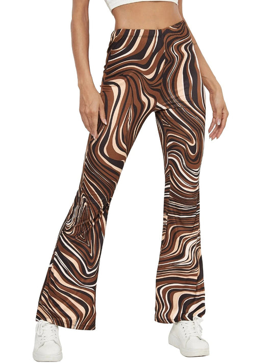 AVANOVA Womens & Girls Brown Leriya Stripe Print Dress Pants Stretchy Work Slacks Business Casual Office Bell-Bottom/Boot-Cut E