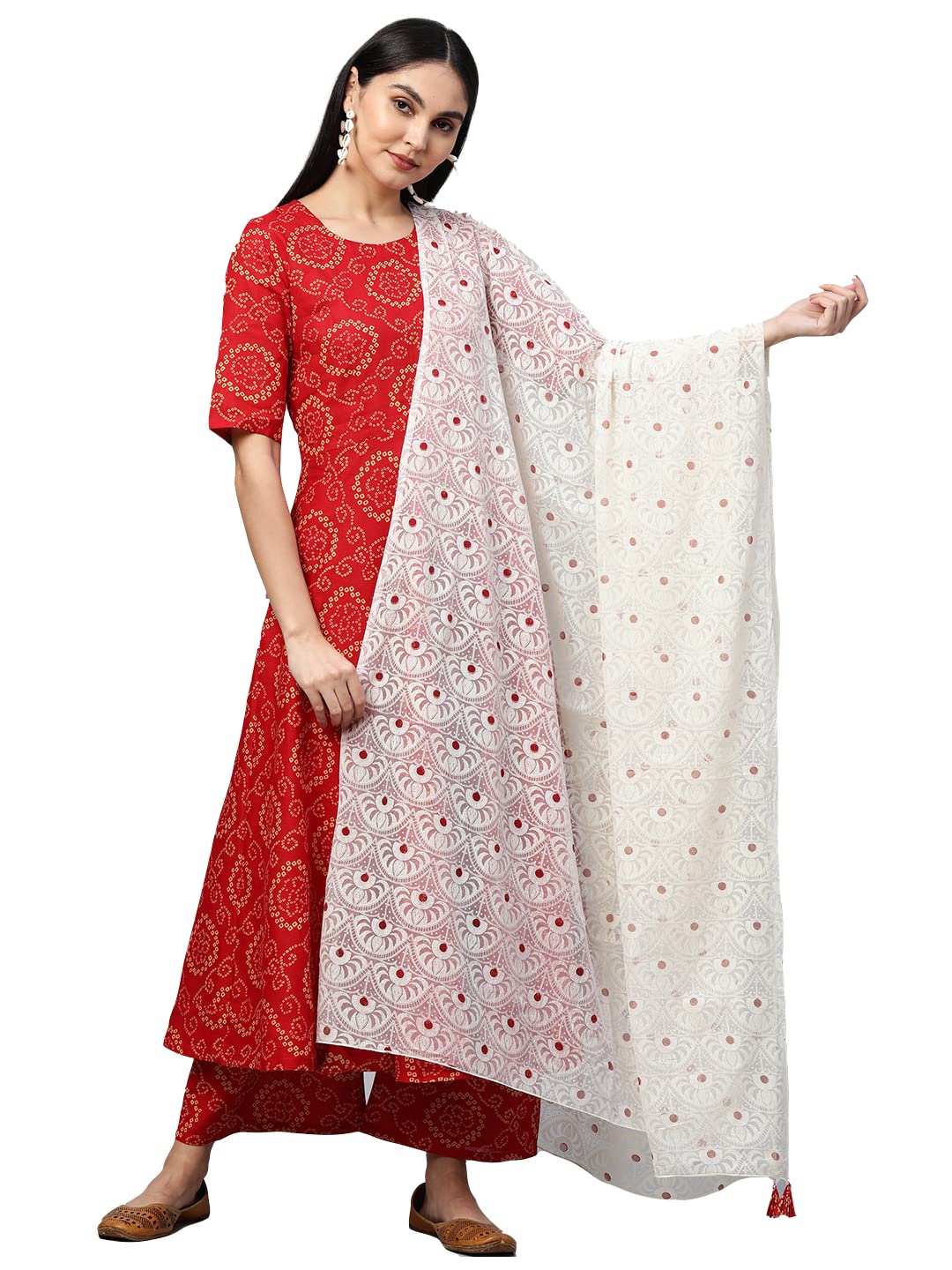 ANNI DESIGNER Womens Cotton Anarkali Kurta with Palazzo & Dupatta (Ruchi RED_XL_Red_X-Large)