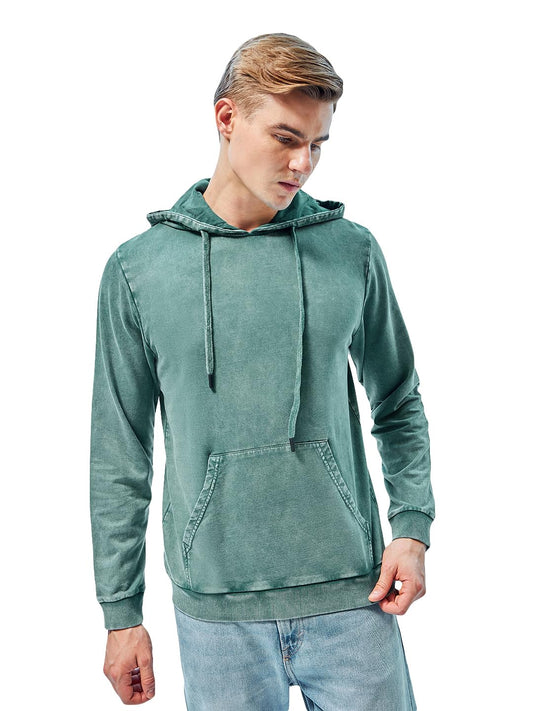 Bewakoof Mens Self Design Regular Fit Full Sleeve Terry Acid Wash Hoodies_596578_Green_M