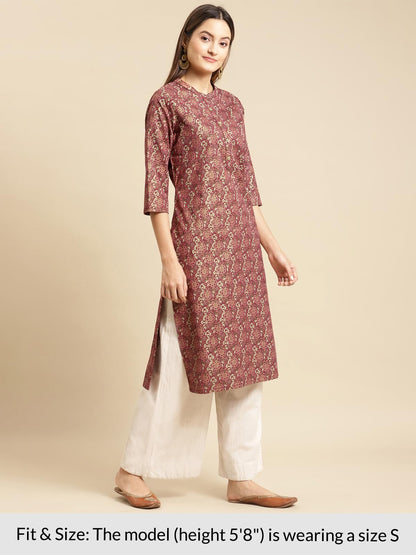 rangita Magenta Cotton Flex Calf Length Printed Straight Kurti for Women | Kurta for Women