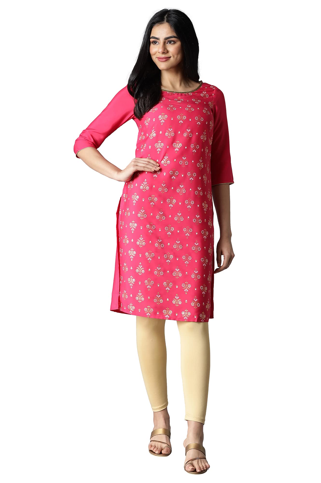 Aurelia WomenS Polyester Pink Floral Round Neck Straight Kurta_22Fea13203-504236_Xl