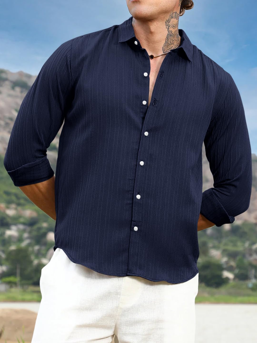 Finivo Fashion MenS Striped Cotton Casual Button Down Shirts Long Sleeve Textured Summer Beach Shirt For Men Navy