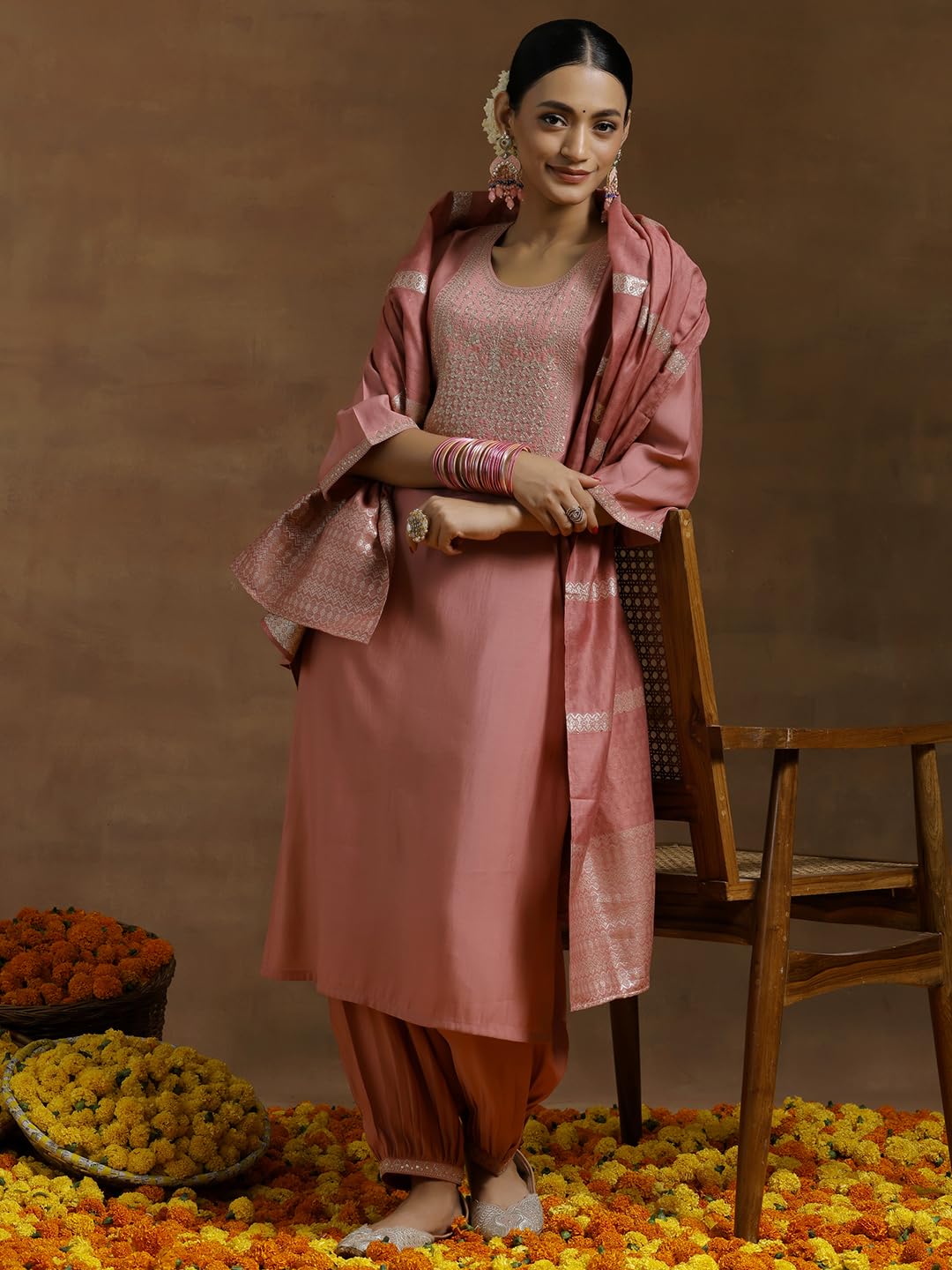 Libas WomenS Silk Blend Kurta Sets (35647_Peach