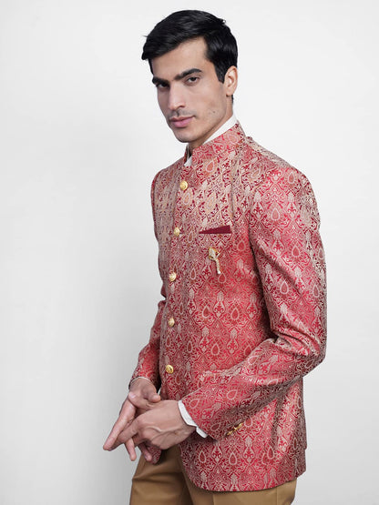WINTAGE Mens Banarasi Rayon Cotton Festive and Casual Bandhgala Jodhpuri Blazer :Red