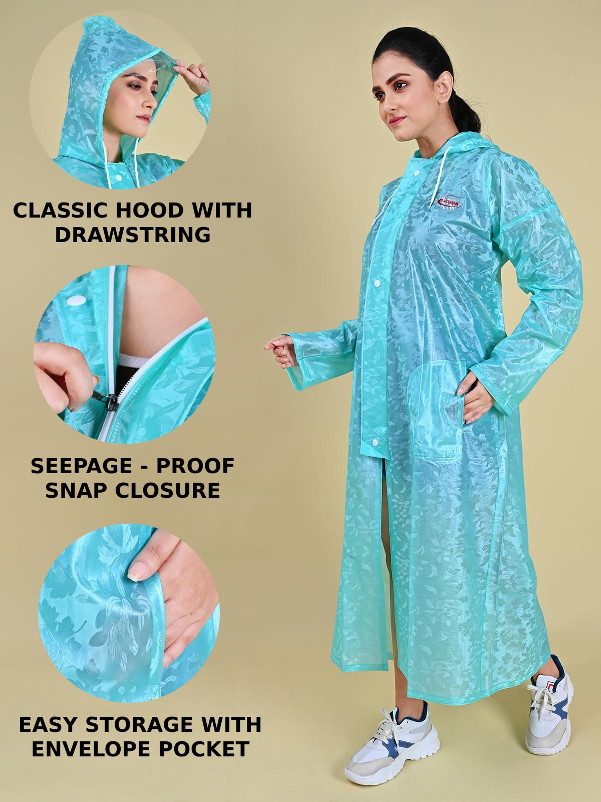 Rupa Rainwear For Women, Waterproof Pvc Rain Jacket With Carry Bag, Petals Design, Pack Of 1, Full Length, Green