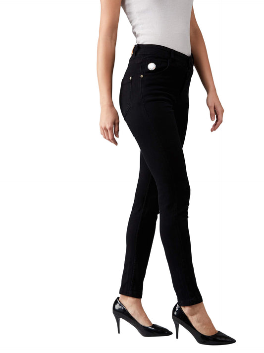 Dolce Crudo Womens Black Slim Fit Embellished High Rise Regular Length Stretchable Denim Jeans(DOSS19DEN10-04-62-34,Black,34)