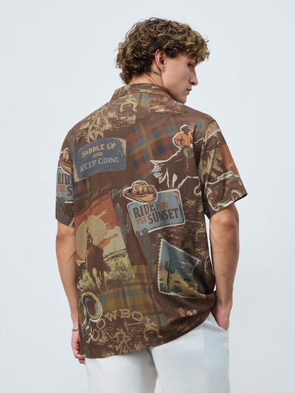 The Souled Store Summer Shirt: Cowboy Men and Boys Short Sleeves Collared Neck Button Front Brown All Over Printed Regular Fit R