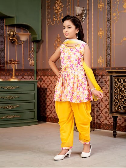 Aarika Girls Ethnic Wear Yellow Colour Floral Print Beads Embroidery Cotton Blend Dhoti Kurta Set With Dupatta-(9-13 Years)-(DH-