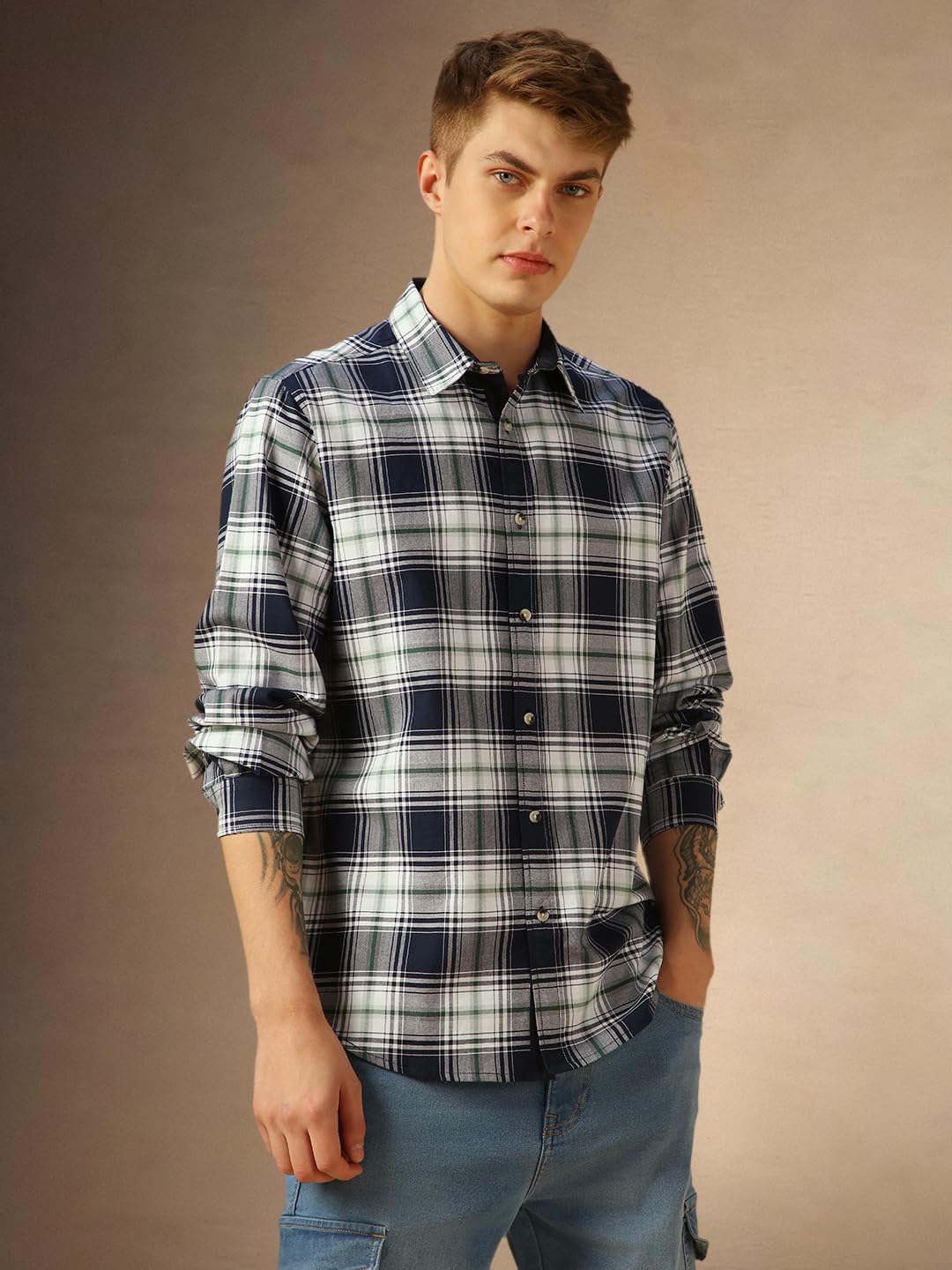 Dennis Lingo Men Blue Checks Cotton Regular Fit Full-Sleeve Shirts