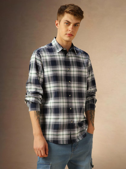 Dennis Lingo Men Blue Checks Cotton Regular Fit Full-Sleeve Shirts