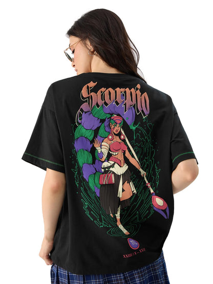 The Souled Store Zodiac: Scorpio Women and Girls Short Sleeves Round Neck Black Graphic Printed Cotton Oversized T-Shirts