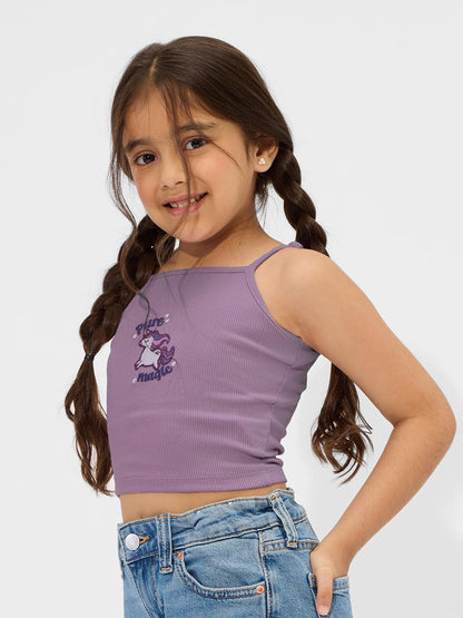 The Souled Store Pure Magic Girls Sleeveless Square Neck Purple Embroidered Cotton Crop Tops