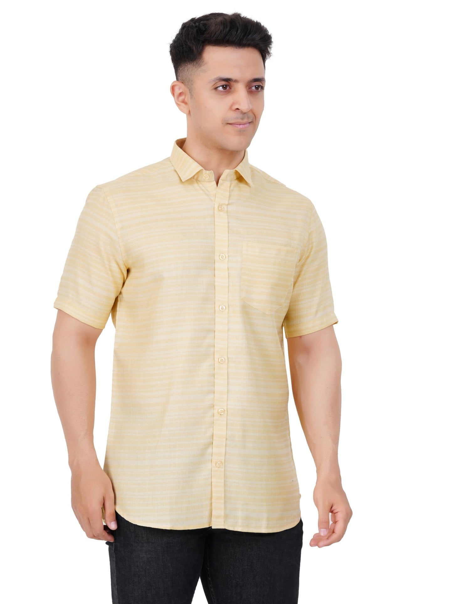 PRAKASAM COTTON Mens Self Design Cotton Half Sleeve Shirt for Mens/Formal Linen Cotton Shirt for Mens/Regular Fit Cotton Shirt f