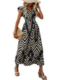 Shasmi WomenS & GirlS Black V-Neck Striped Printed Dress With Ruffled Hem And Belted Waist For Vacation, One Piece Dress For W