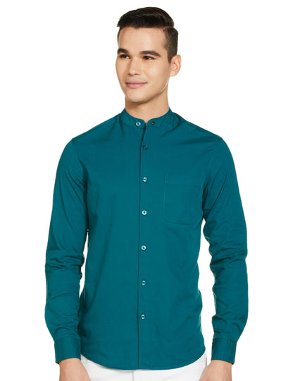 The Indian Garage Co Green Regular Fit Mandarin Collar Solid Long Sleeves Shirt