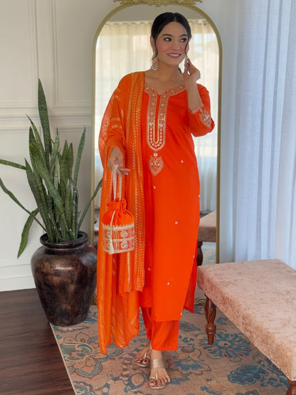 Naixa WomenS Orange Embroidered Straight Kurta With Chanderi Viscose Pant And Viscose Jacquard Dyed Dupatta Sets (Nx-Mv-610-Ora