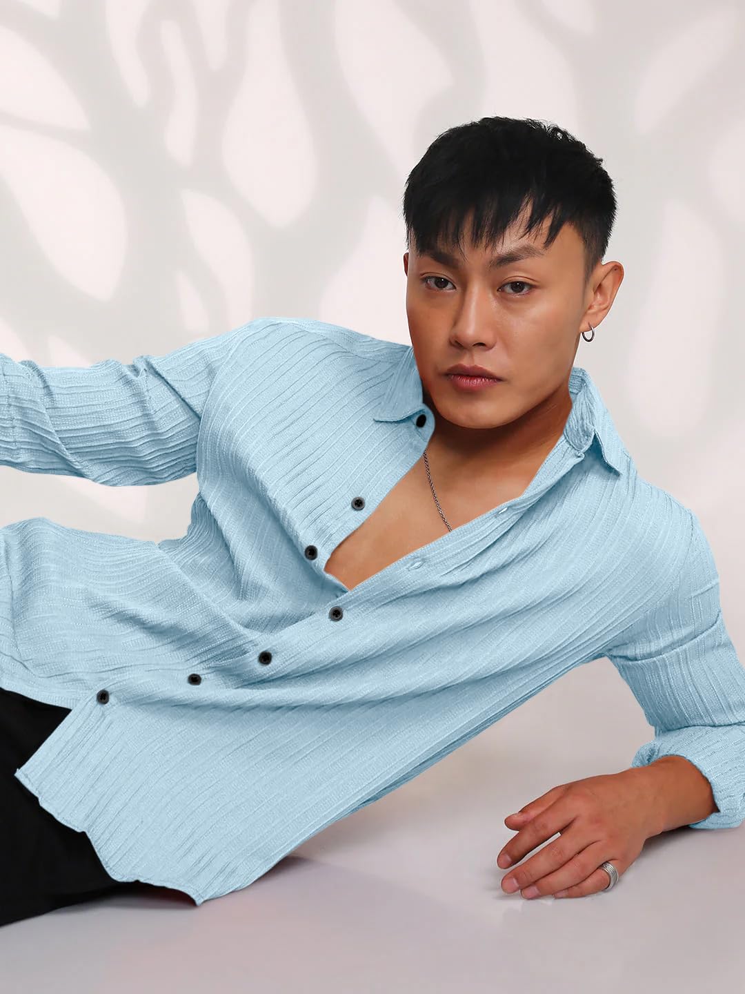 Finivo Fashion MenS Casual Cotton Striped Button Down Shirts Long Sleeve Textured Summer Beach Shirt For Men Sky Blue