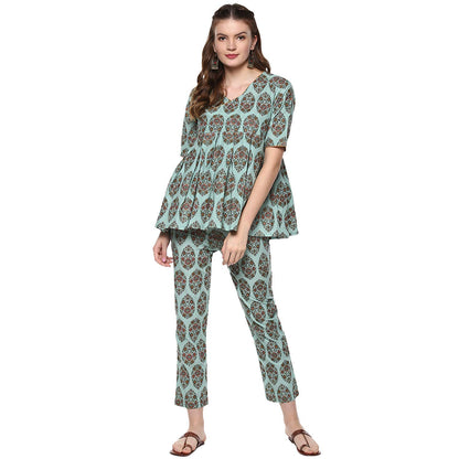 idaLia Women's Multicolour Printed Short Cotton Kurta Set