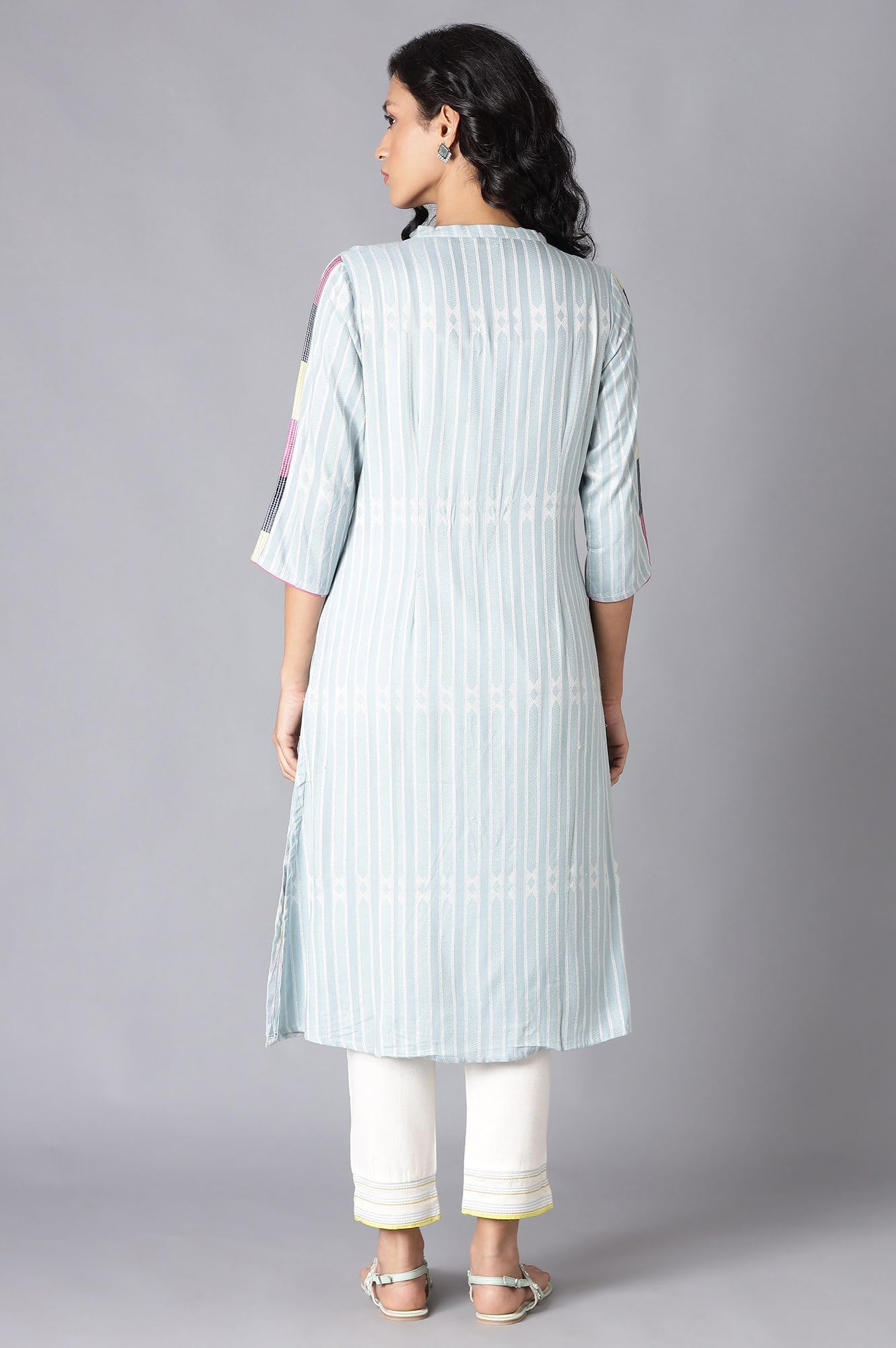 W For Woman Light Blue Vertical Striped Straight-Long Kurta