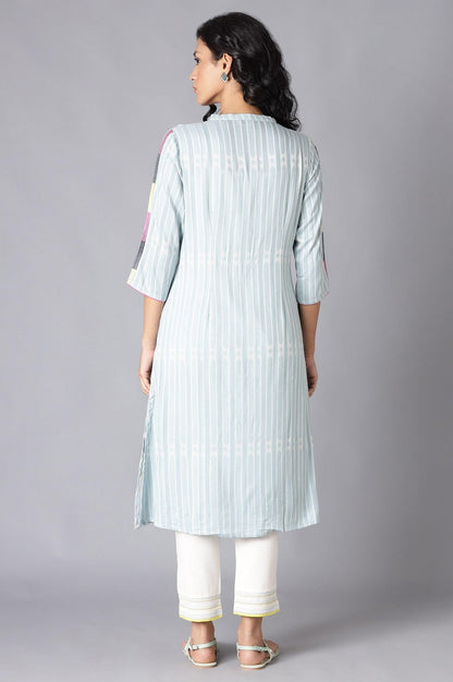 W For Woman Light Blue Vertical Striped Straight-Long Kurta