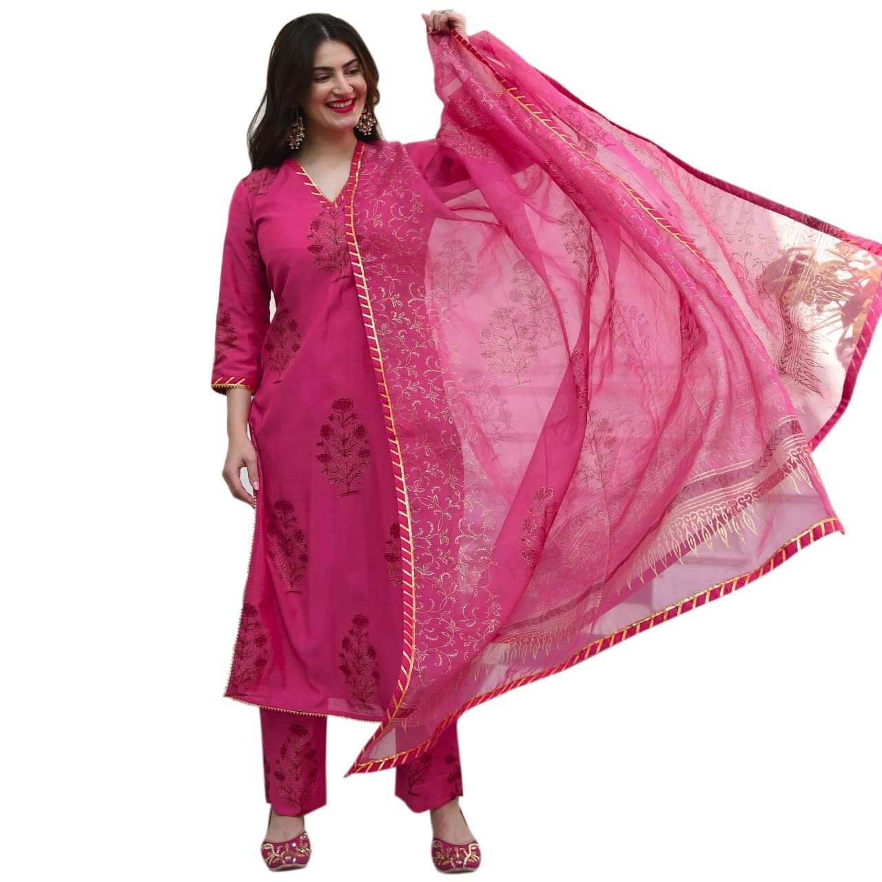 Gosriki WomenS Cotton Blend Straight Kurta With Pant & Dupatta (Garden Pink_Xl-Go_Pink_X-Large)