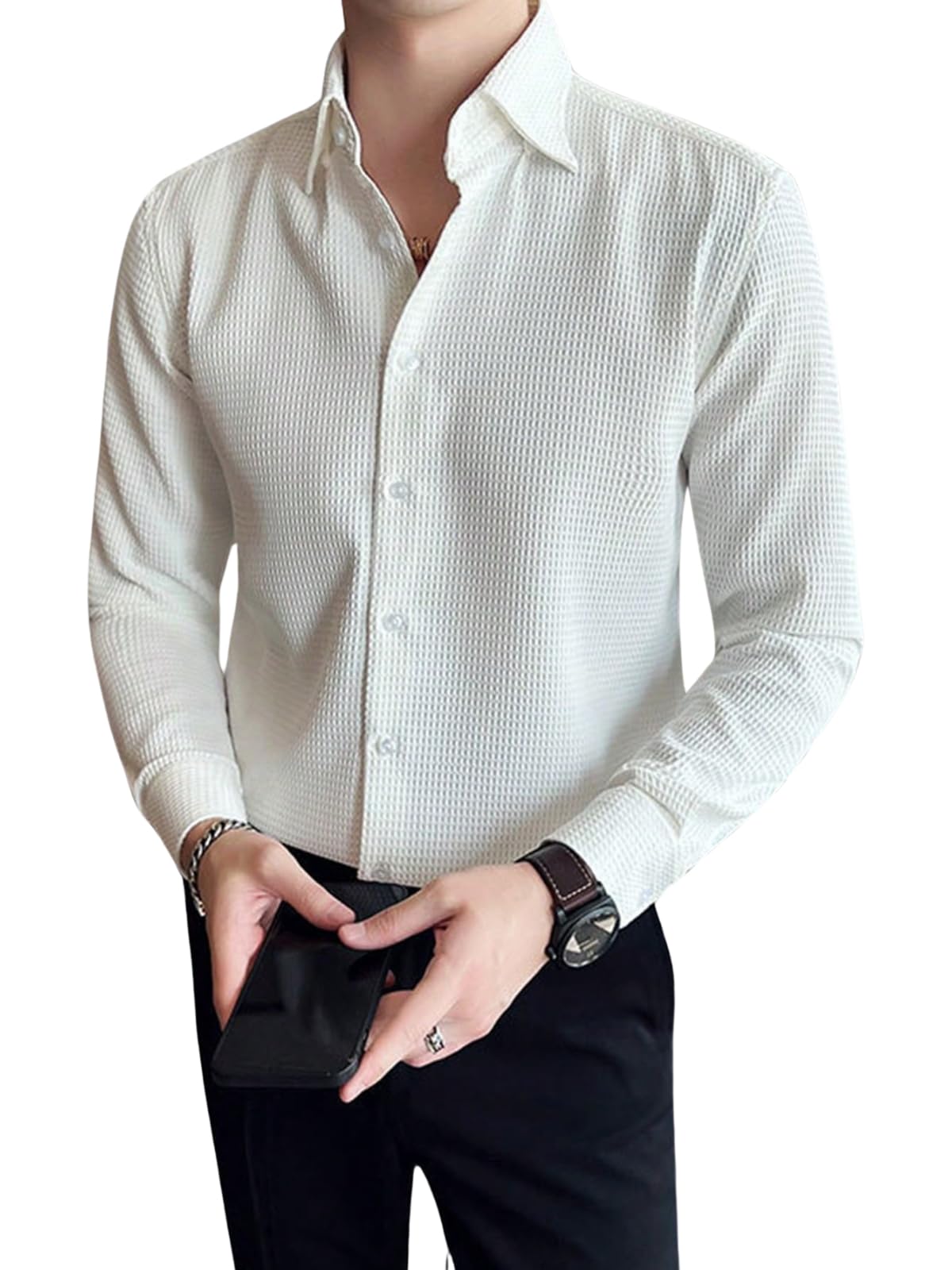 Greciilooks MenS Formal Button Down Shirt  Slim Fit Office Wear ShirtS For Men | Textured Long Sleeve Cotton Blend | Business