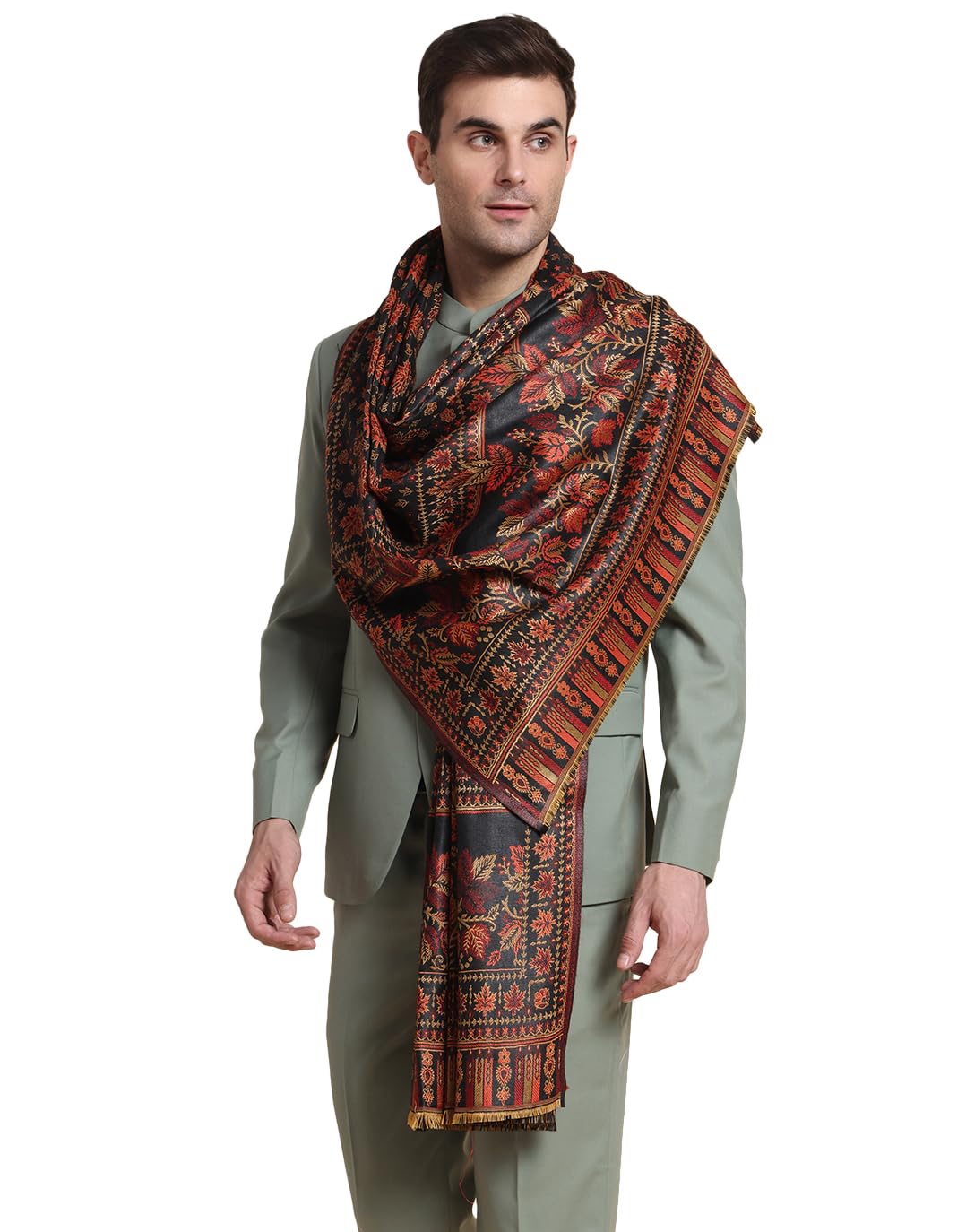 Weavers Villa Mens Acro Wool Blend Shawl - Handloom Woven Kullu Pattern - Stoles for Men - Gents Shawls - Soft & Warm Wrap - Id