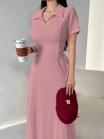 Shasmi Womens Pink Solid Color Applique Lace-Up Collared Short Sleeve, Side-Tie Waist Long Casual Maxi Women Dress Outfit Long E