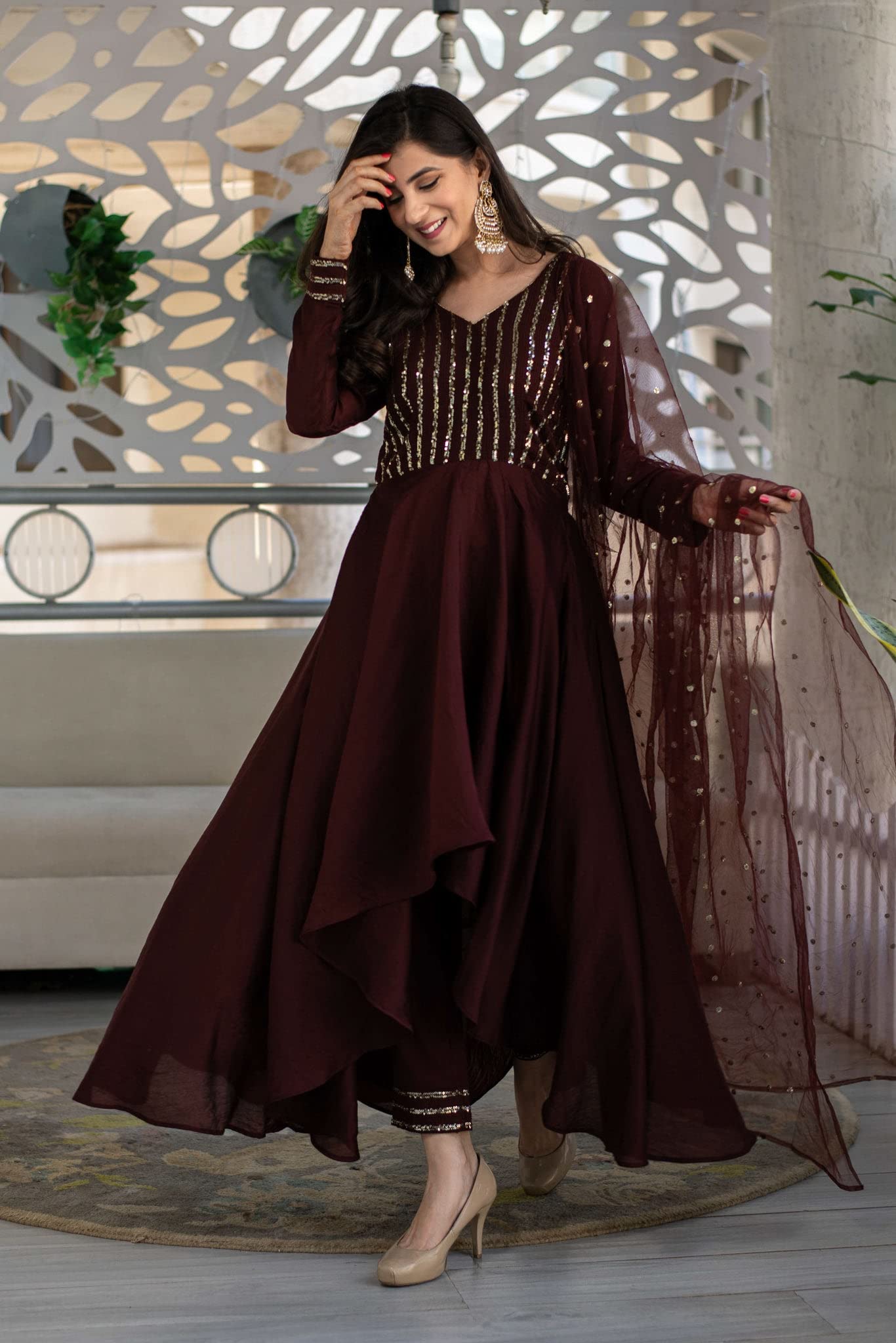 Fashion Basket Women'S Crape Brown Anarkali Kurta And Pant With Dupatta Set