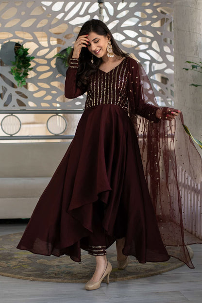Fashion Basket Women'S Crape Brown Anarkali Kurta And Pant With Dupatta Set