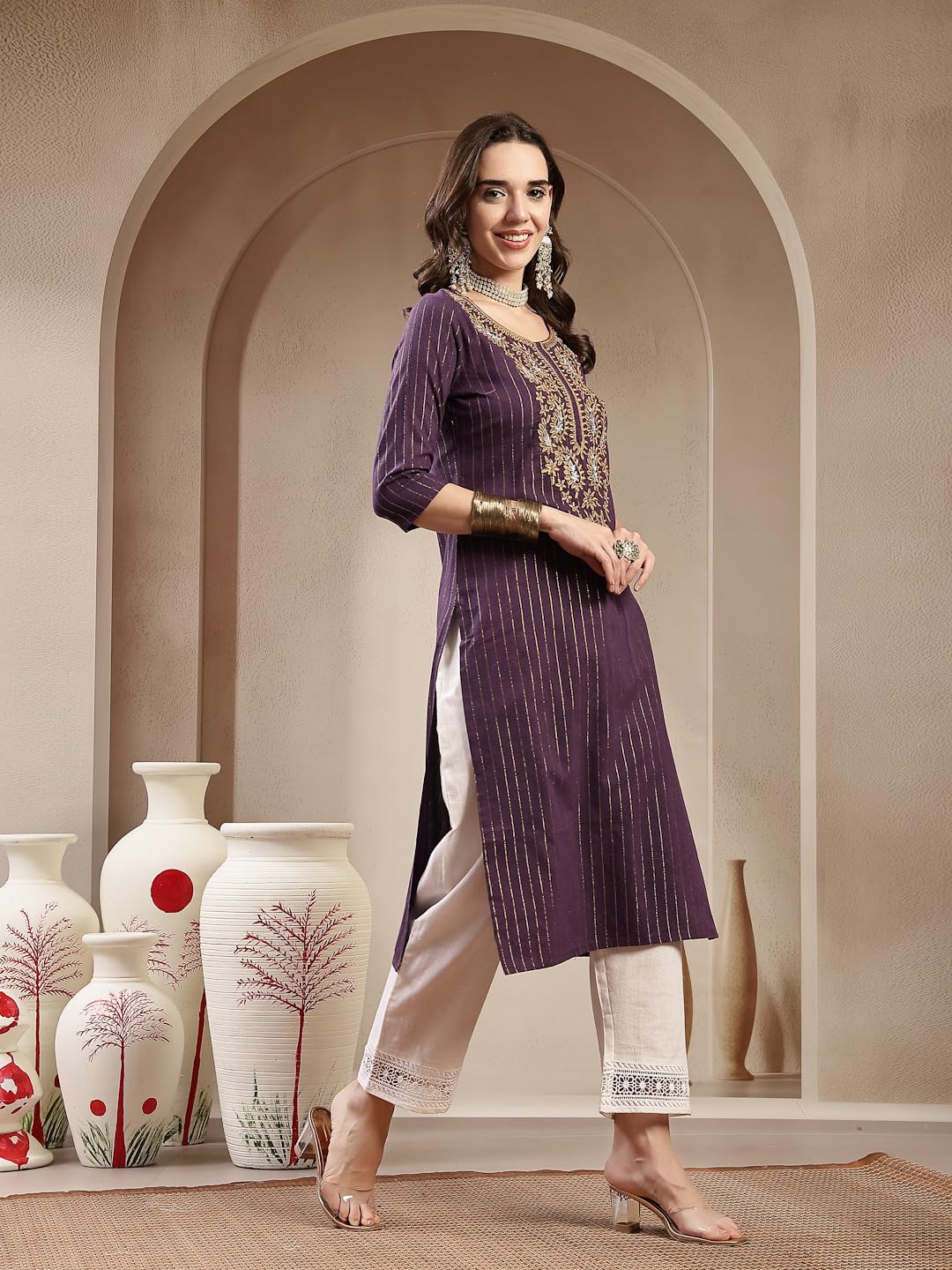 Stylum Womens Solid & Embroidered Rayon Straight Chicken Kurta Wine