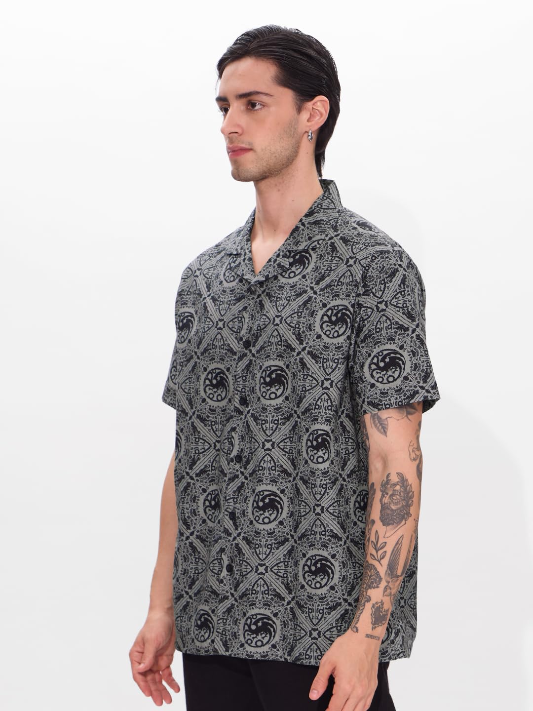 The Souled Store Official House of The Dragon: Fire Reigns Supreme Men and Boys Short Sleeves Collared Neck Button Front Grey Al