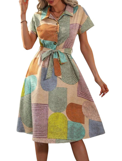 Gufrina WomenS Short Sleeve Collar Neck Dress - Geometric Print Button-Down Midi Dress With Tie-Up Belt (In, Alpha, 5Xl, Regula