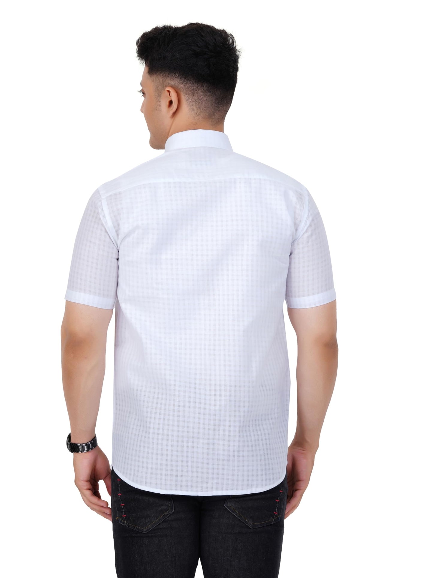 PRAKASAM COTTON Minister Cotton White Half Sleeve Shirt for Mens/Transparent Self Design Cotton White Regular Fit Shirt for Men