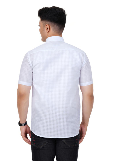 PRAKASAM COTTON Minister Cotton White Half Sleeve Shirt for Mens/Transparent Self Design Cotton White Regular Fit Shirt for Men