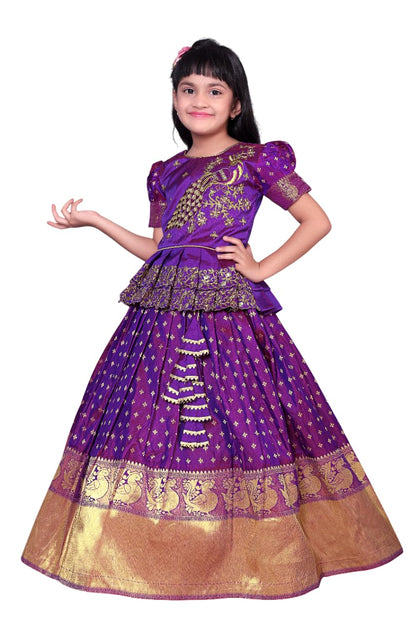 White Button New South Indian Traditional Pattu Pavadai Jecquard Lehenga Choli For Girls Dress
