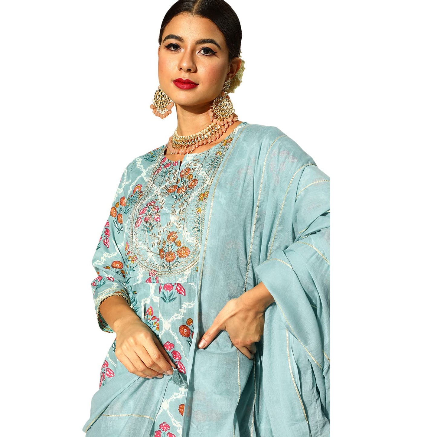 ishin Women's Cotton Blend Blue Embroidered & Zari work Anarkali Kurta suit set With Dupatta & Sharara