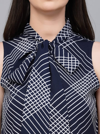 Style Quotient Women Navy and White Geometric Printed Regular Smart Casual Top