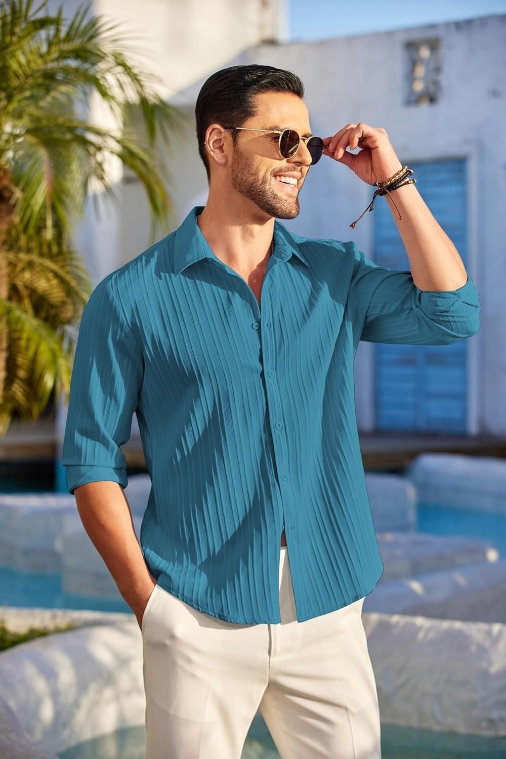 Deelmo MenS Button Down Dress Shirts Textured Long Sleeve Casual Hawaiian Beach Shirt