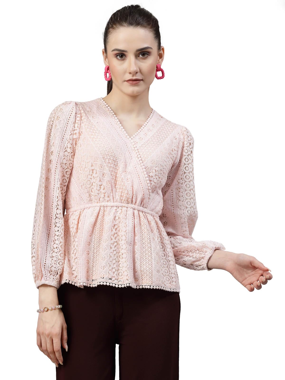 Style Quotient Women Peach Lace Casual Top