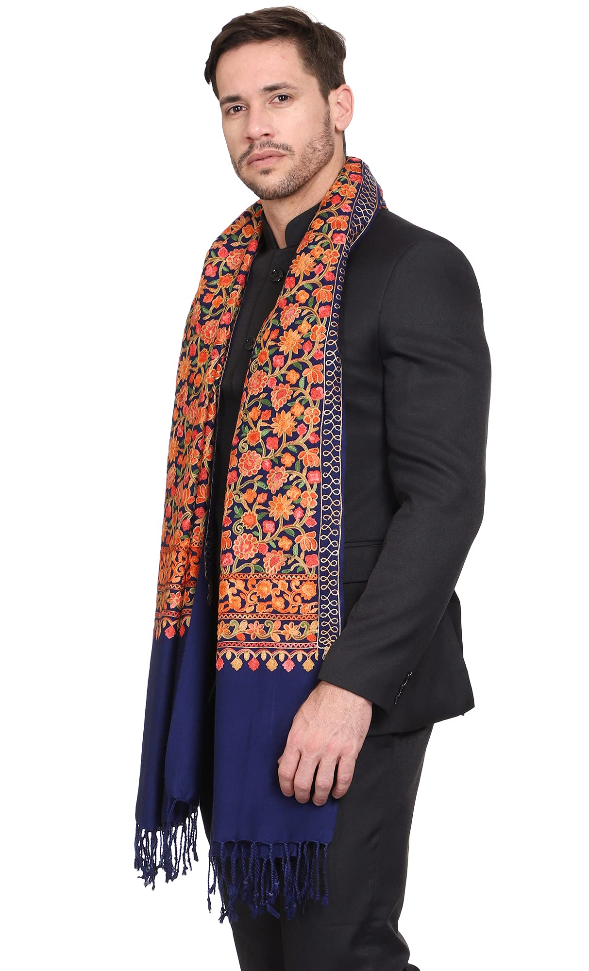Weavers Villa Mens Floral Embroided Cashmilon Gents Shawls, Stoles, Muffler for Men, 70cm x 200cm