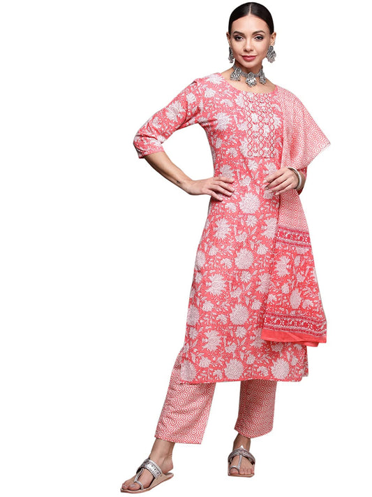 anubhutee Women's Cotton Pink Floral Printed Straight Kurta Suit Set With Pants And Dupatta